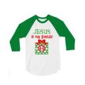 Glitter Monogram Jesus is my Favorite Present Christmas Shirt | 3/4 Sleeve baseball Tee | Youth and Adult