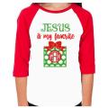 Glitter Monogram Jesus is my Favorite Present Christmas Shirt | 3/4 Sleeve baseball Tee | Youth and Adult