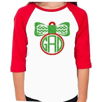 Glitter Christmas Shirt Ornament Monogram | 3/4 Sleeve baseball raglan tee | Adult and Youth