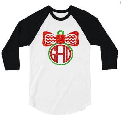Glitter Christmas Shirt Ornament Monogram | 3/4 Sleeve baseball raglan tee | Adult and Youth