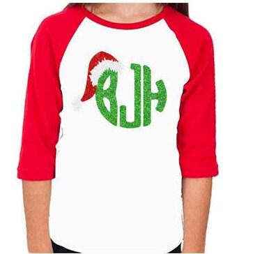 Glitter Christmas Shirt | Santa Monogram | 3/4 Sleeve Baseball Tee | Youth and Adult