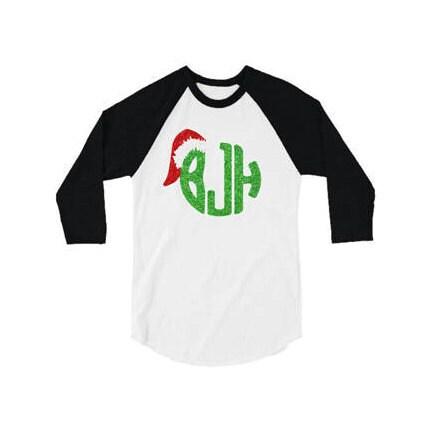 Glitter Christmas Shirt | Santa Monogram | 3/4 Sleeve Baseball Tee | Youth and Adult