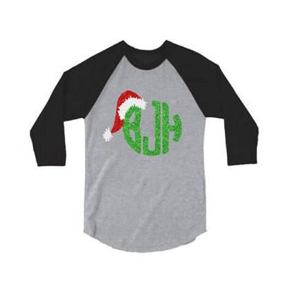 Glitter Christmas Shirt | Santa Monogram | 3/4 Sleeve Baseball Tee | Youth and Adult