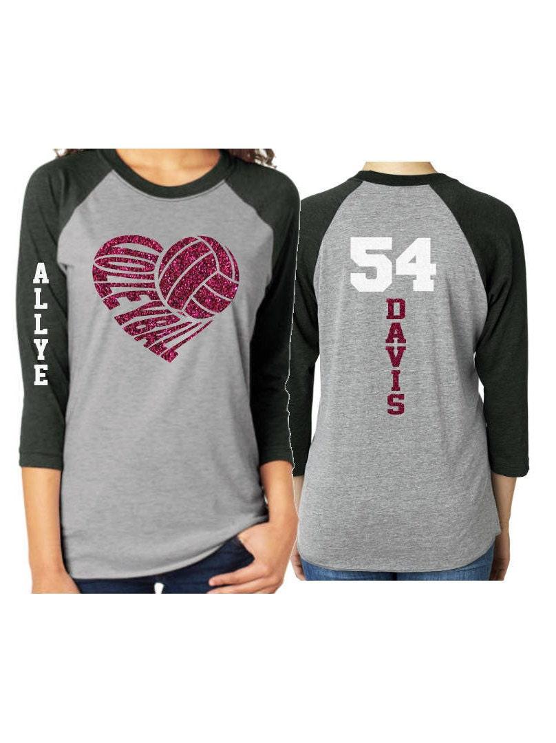 Glitter Volleyball Shirt | Volleyball Mom 3/4 Sleeve Baseball Shirt | Customized Team & Colors