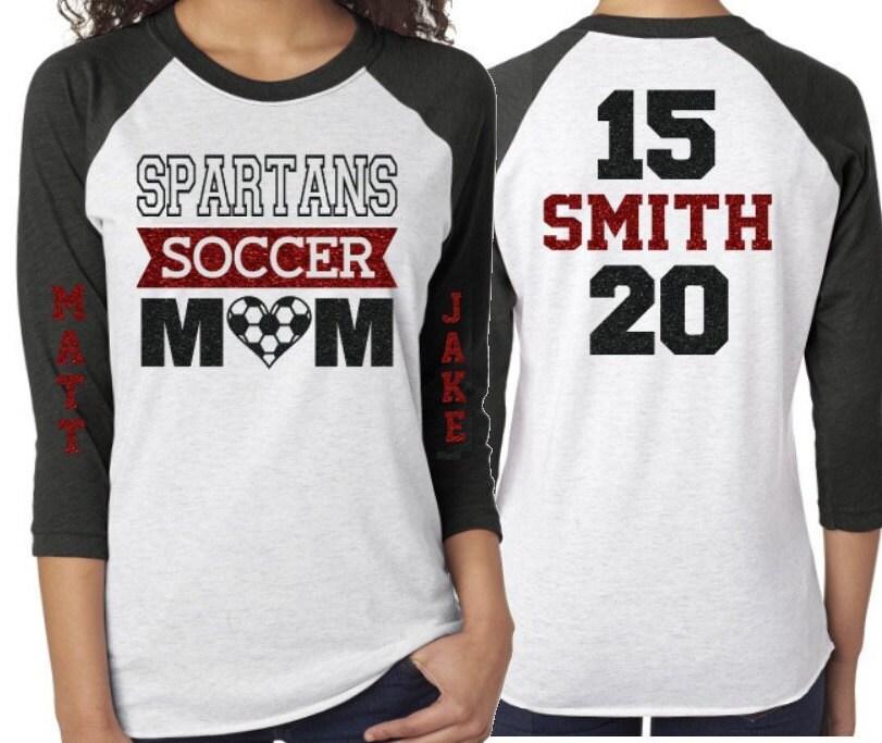 Glitter Soccer Mom Shirt | Soccer Shirt | 3/4 Sleeve Raglan | Customize Colors | Two Names Two Numbers