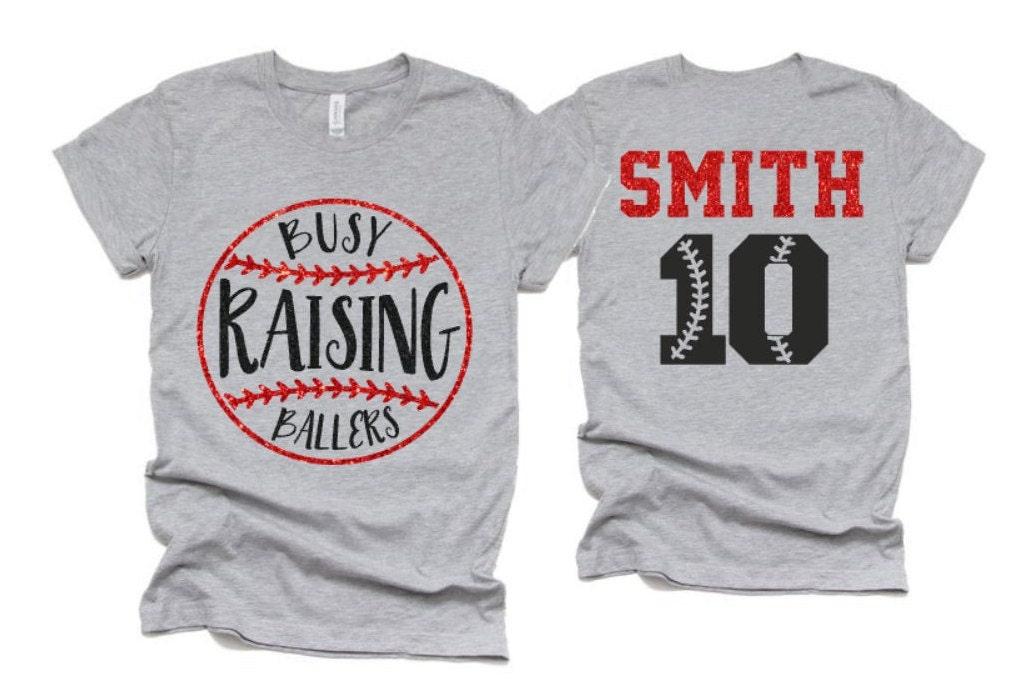 Glitter Busy Raising Ballers Baseball Shirt | Baseball Shirts | Custom Baseball Mom Shirts | Customize Colors
