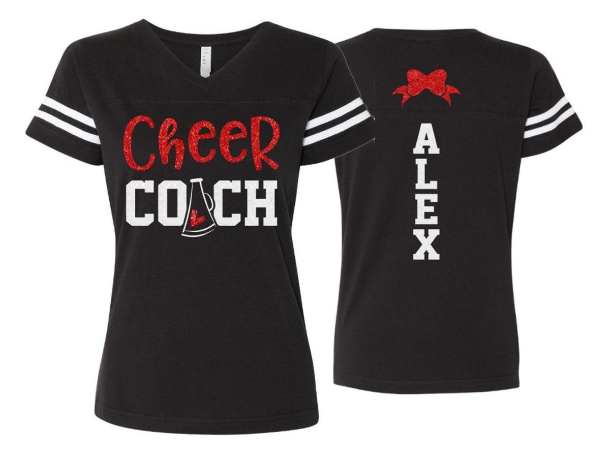 Glitter Cheer Coach Shirt | Cheer Mom V-neck Short Sleeve Shirt | Cheer Bling | Cheer Spirit Wear | Customize Colors