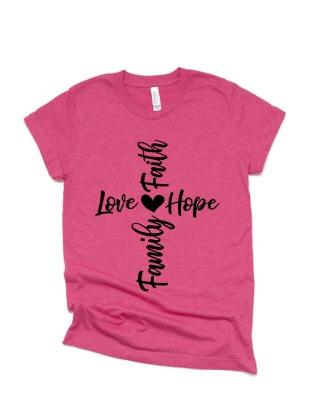 Glitter Faith, Family, Love, Hope Shirt | Jesus Style Scripture Shirt |  Bella Canvas T-shirt | Youth or Adult Glitter Shirt