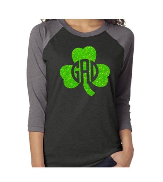 St. Patrick&#39;s Day Shirt | Glitter Monogram Shamrock | Monogram Holiday Shirt