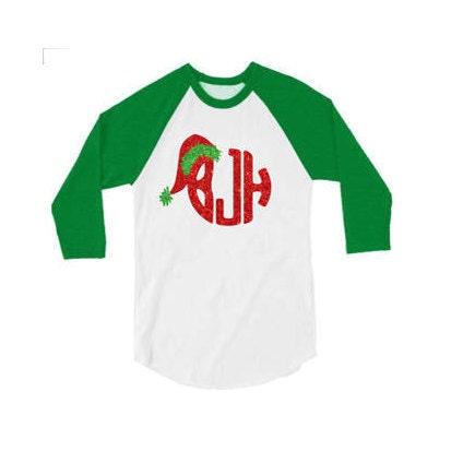 Glitter Christmas Shirt | Santa Monogram | 3/4 Sleeve Baseball Tee | Youth and Adult