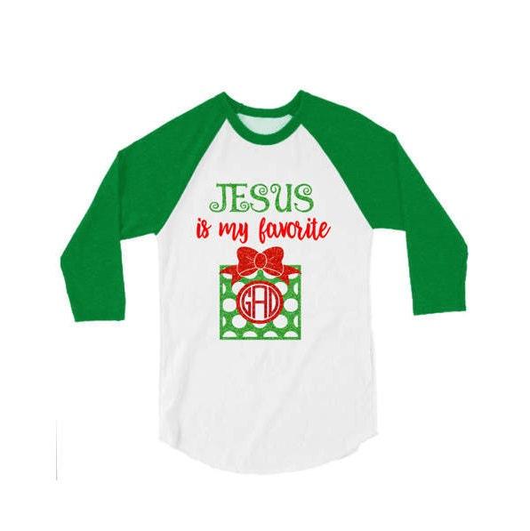 Glitter Monogram Jesus is my Favorite Present Christmas Shirt | 3/4 Sleeve baseball Tee | Youth and Adult