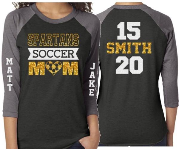 Glitter Soccer Mom Shirt | Soccer Shirt | 3/4 Sleeve Raglan | Customize Colors | Two Names Two Numbers