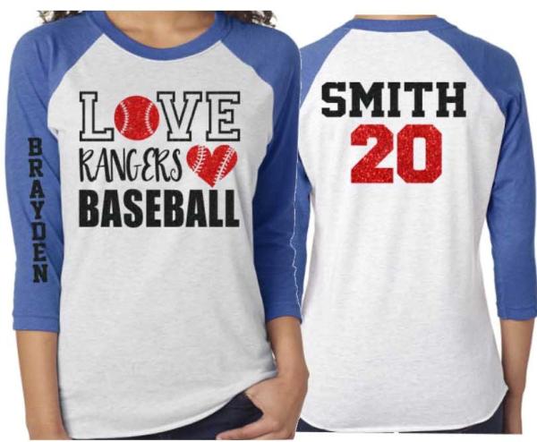 Glitter Baseball Shirt | 3/4 Sleeve Raglan Shirt | Love Baseball Shirt | Customize Team and Colors | Baseball Shirt