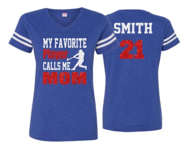 Glitter Baseball Mom Shirt | My Favorite Player Calls Me Mom | V-neck Short Sleeve Shirt