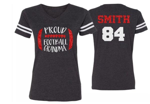 Glitter Proud Football Grandma Shirt | Football Shirts |  V Neck Short Sleeve Shirt | Football Bling | Customize Football Shirt