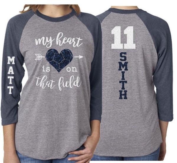Glitter Soccer Shirt | My Heart is on that field | Soccer shirts | Soccer Mom Shirts | 3/4 Sleeve Baseball Shirt | Customized