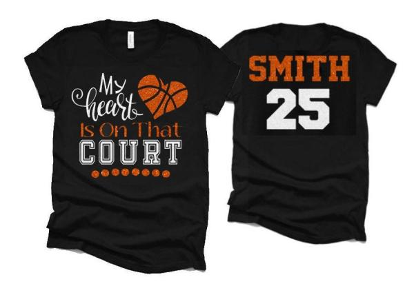 Glitter Basketball Mom Shirt | My Heart is on that Court | Short Sleeve Shirt | Bella Canvas Tshirt | Customized Name & Colors