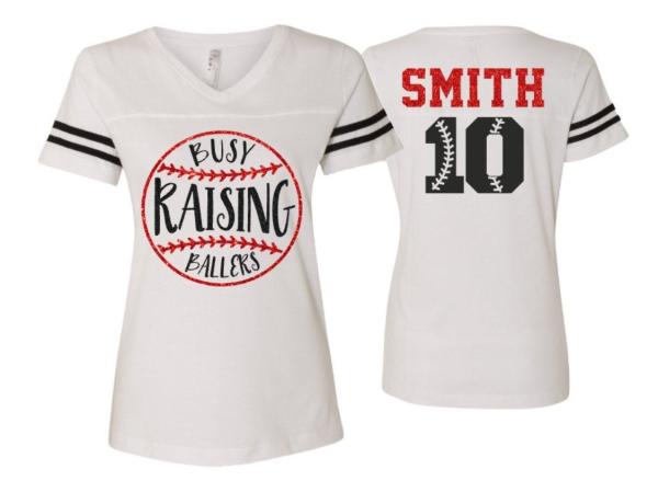 Glitter Busy Raising Ballers Baseball Mom Shirt |Baseball Spiritwear | Baseball shirt | V-neck Short Sleeve Shirt