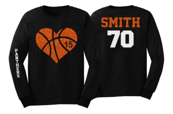 Glitter Basketball Shirt | Long Sleeve Shirt | Heart Basketball  | Customize Your Team & Colors