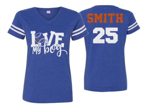 Glitter Love My Boy Baseball Shirt |Baseball Spirit wear | Baseball shirt | V-neck Short Sleeve Shirt