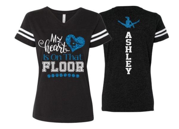 Glitter Gymnastics Mom Shirt | My Heart is on that Floor | Gymnastics Mom Shirt | V-neck Jersey Tee | Customize Name & Colors