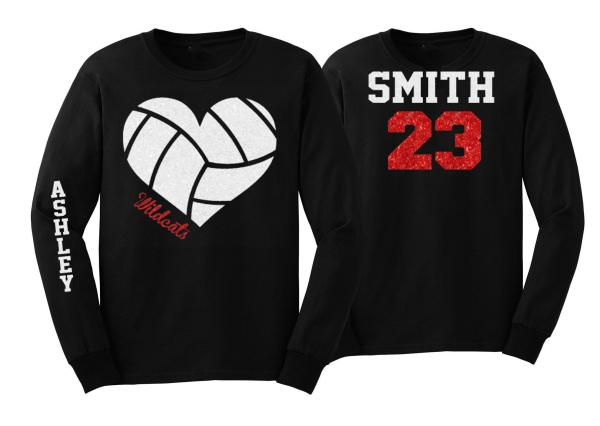 Glitter Volleyball Shirt | Volleyball Heart | Long Sleeve Volleyball Shirts | Custom Volleyball Shirts | Customize Team & Colors