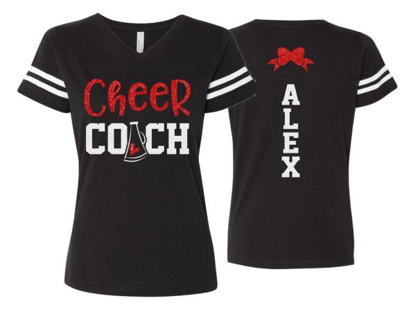 Glitter Cheer Coach Shirt | Cheer Mom V-neck Short Sleeve Shirt | Cheer Bling | Cheer Spirit Wear | Customize Colors