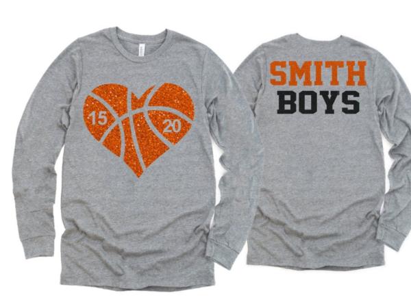Glitter Basketball Shirt | Long Sleeve Shirt | Heart Basketball  | Customize Your Team & Colors