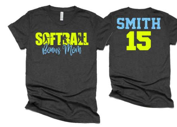 Glitter  Softball Bonus Mom Shirts | Softball Shirt | Bella Canvas Tshirt | Softball Spiritwear | Customize Your Colors